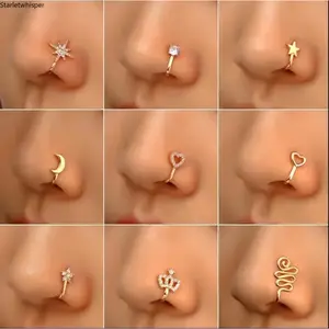 9Pcs Non Piercing Nose Ring Set, Copper Fake Nose Clip with Cubic Zirconia, U Shape Star Heart Crown Design, Trendy Stackable Style for Daily Wear, Parties & Street Style Outfits