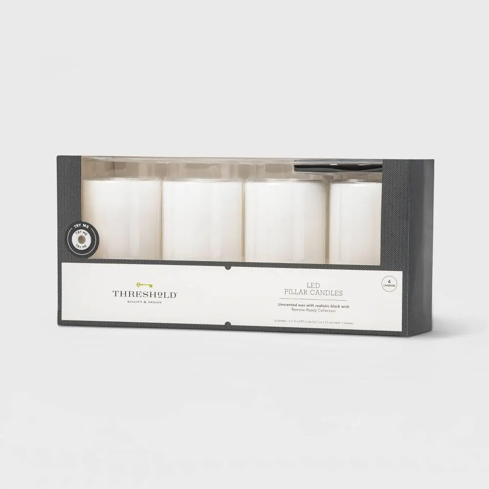 4pc Threshold 5" x 3" LED Flameless White Pillar Candles & Remote w/ Black Wicks 4pc Threshold 5" x 3" LED Flameless White Pillar Candles & Remote w/ Black Wicks