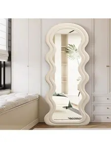 63" Irregular Wavy Full Length Mirror, Standing Floor Mirror with Flannel Wrapped Wooden Frame, Bedroom & Cloakroom Decor (White)