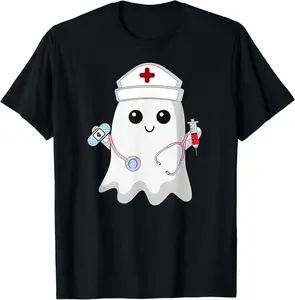 Cotton Nurse Ghost Scrub Top Halloween Costume For Nurses Women RN T-Shirt Short Sleeve Crew Neck Top for Summer, Casual Streetwear, Halloween Gift Light Womenswear Men's Comfy