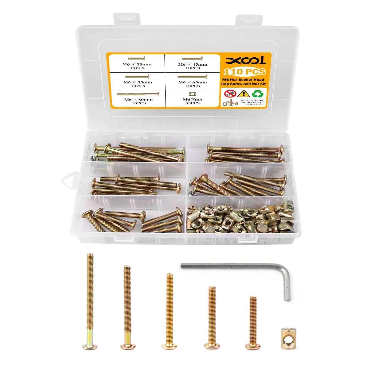 XOOL 110 PCS Multi-Size Steel Hex Socket Head Cap Screws Kit (M6×80/65/55/45/35 mm) – Bunk Beds, Crib Cot Furniture Replacement Hardware for Furniture DIYers