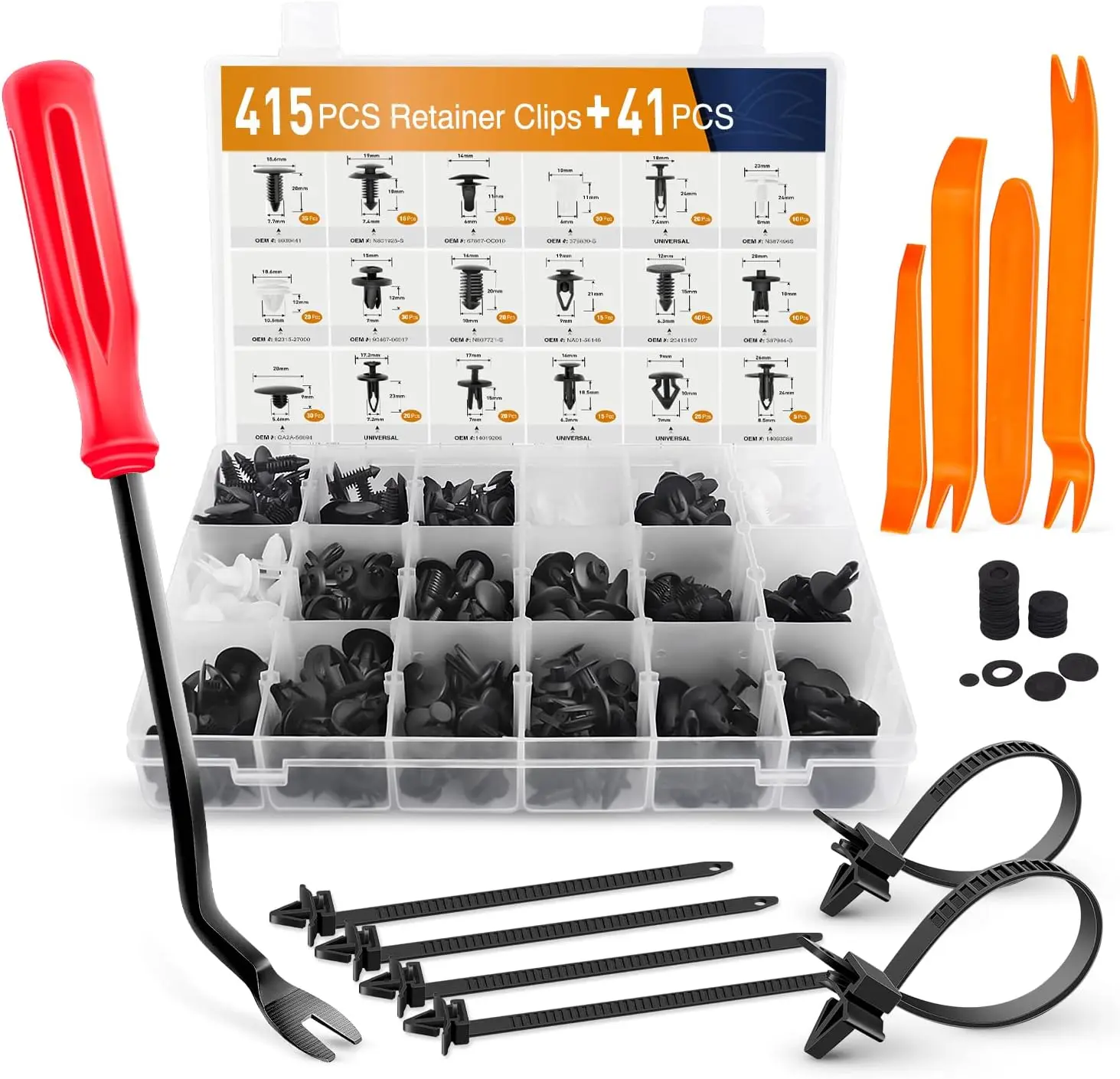 GOOACC 415 Pieces Car Retainer Clips & Plastic Fasteners Kit (Model: GRC-19) - 18 Most Popular Sizes, 5Pcs Fastener Remover, 6Pcs Reusable Cable Ties, 30 Pcs Sponge Cushion for Door Trim, Soundproof Use, Car Panel