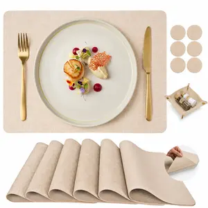 Faux Leather Placemats Set of 6 with Coasters & Foldable Tray, Wipe Clean Water Resistant Table Mats for Dining, Kitchen & Hosting（ivory Beige） outdoorfun