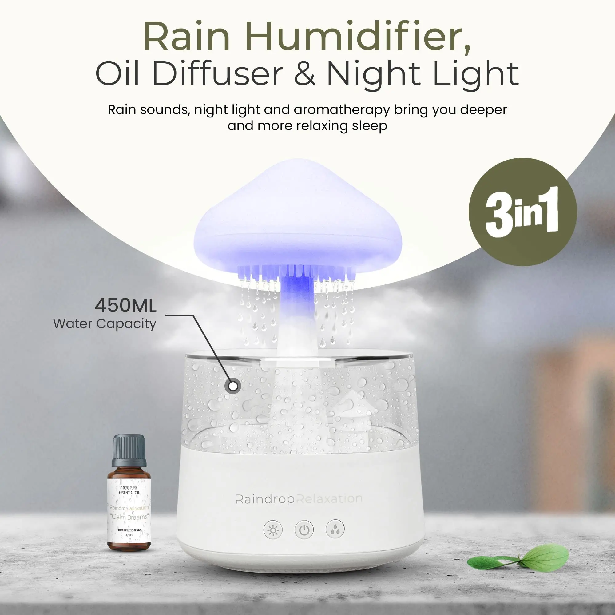 RaindropRelaxation - Mushroom Rain Humidifier – Water Drip & Essential Cloud Oil Diffuser for Home Aroma – Bedroom Night Light & Waterfall Lamp with Calming Rain Sounds to Help Sleeping & Stress