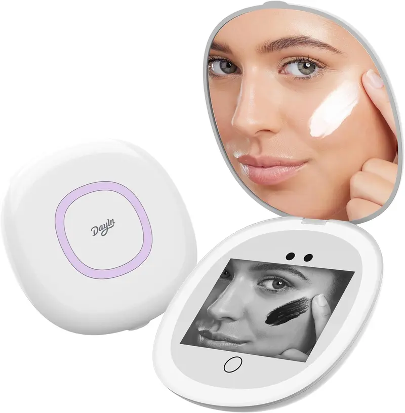 DayIn UV Mirror for Sunscreen Test with UV Camera, Sun Protection Visualization Travel Makeup Mirror with LED Light and 3X Magnification Pocket Mirror