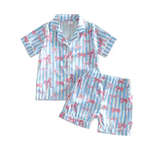 Toddler Girls' 2-Piece Satin Silk Pajama Set, Short-Sleeve Button-Down Loungewear, Blue White Striped Shorts with Pink Bow, Summer Sleepwear