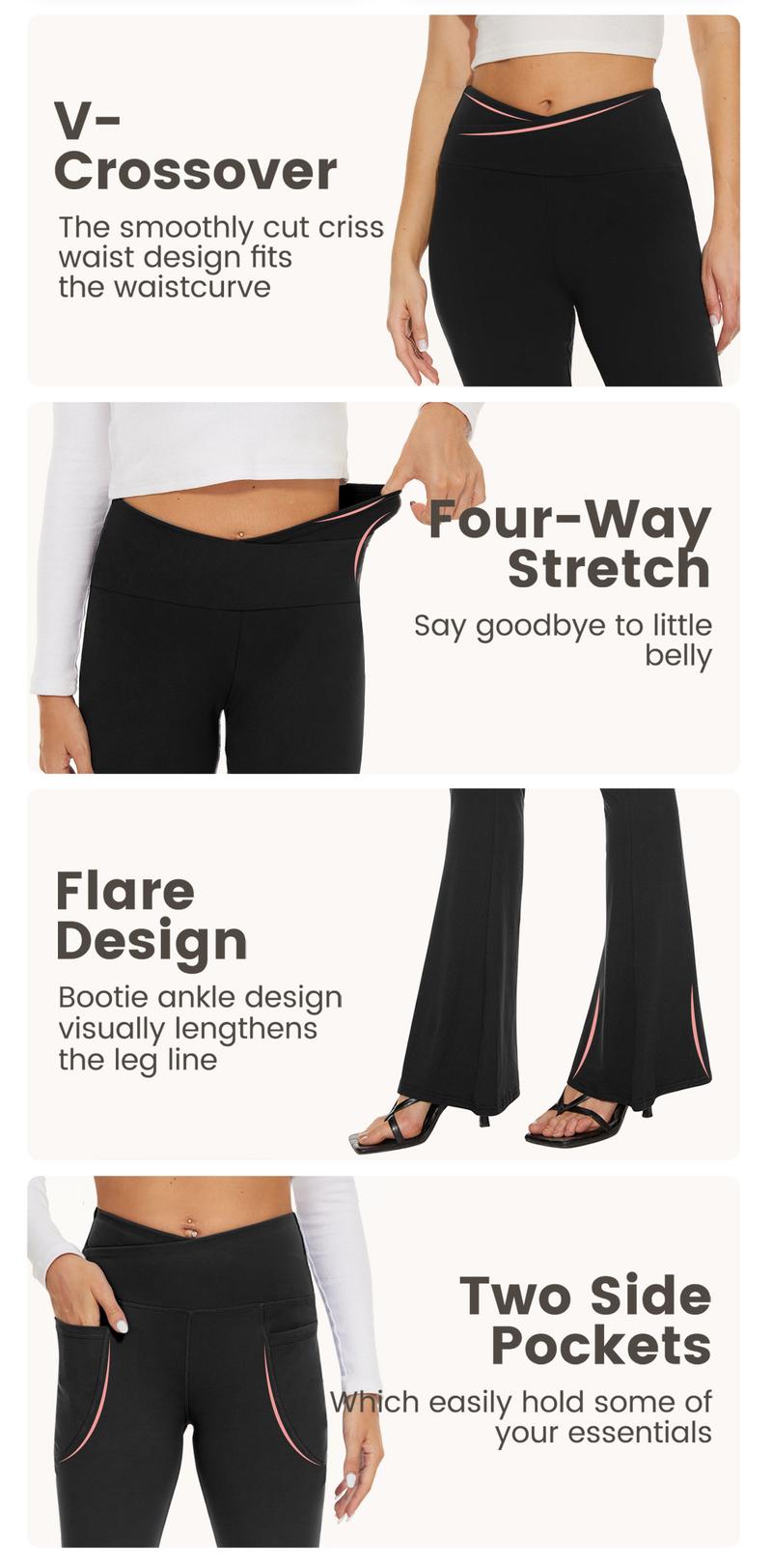 Crossover waist, stretch, flared hem and pocket details