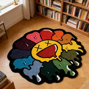 Rainbow sunflower shaped carpet, colorful contrasting velvet floor mat, anti slip and wear-resistant floor mat for living room, trendy artistic atmosphere decoration mat, suitable for ins style/trendy play art home decoration