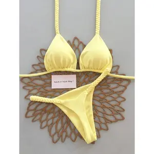 Women's French Lemon Bikini Set, Braided Rope Halter Neck Triangle Pant, Beachwear Swimsuit Summer, Casual Swimwear, Beach Bikinis Sets