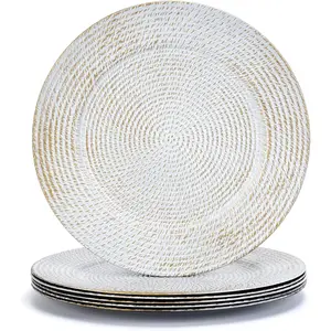13" White Round Charger Plates Set of 6, Plastic Rattan Chargers for Dinner Plate, Festival Tabletop Decor Table Setting Centerpiece Bulk Event Party