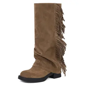Suede Knee-High Boots for Women with Side Fringe Detail Slouchy Design Block Heel Retro Bohemian Style Footwear Comfortable Casual & Festival Statement Shoes