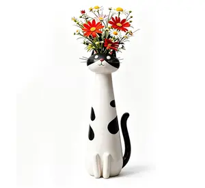 Quirky Cat Vase, Handcrafted Ceramic Cat Vase, Whimsical Kitty Planter for Small Flowers Boho Home Decor(White)