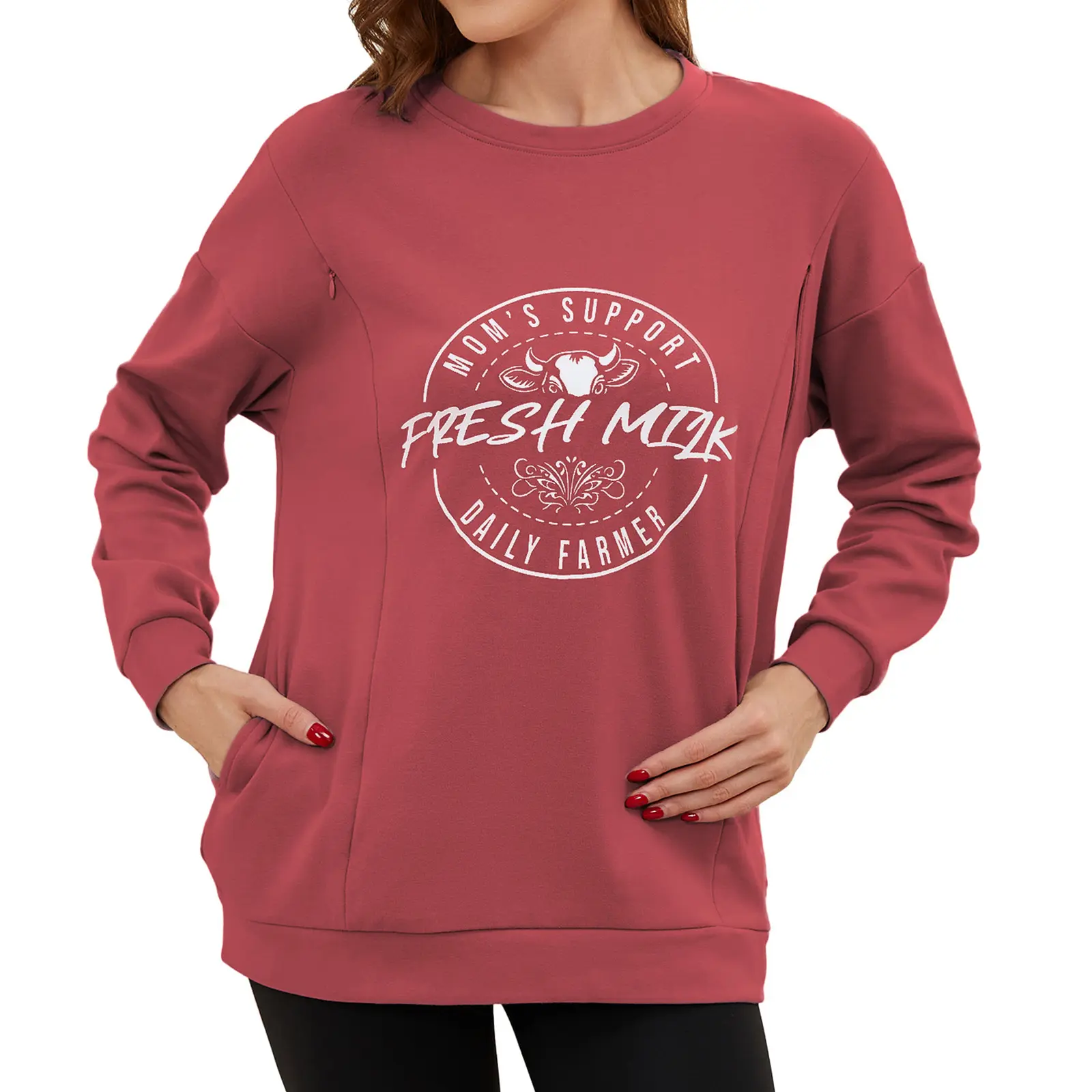 ECAVUS Women's Oversized Crew Neck Maternity Nursing Sweatshirt - Maternity Nursing Tops, Long Sleeve Pullover with Hidden Zippers for Breastfeeding, Postpartum Outfits