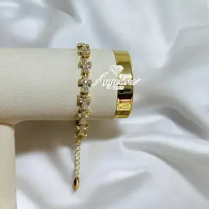 Angeline LORN Pulsera Cruz Cristal Size 7 & 8 Ajustable Laminado 14k Oro Real 3 Capas Alta Calidad Water Resistant Stainless Steel Bracelet