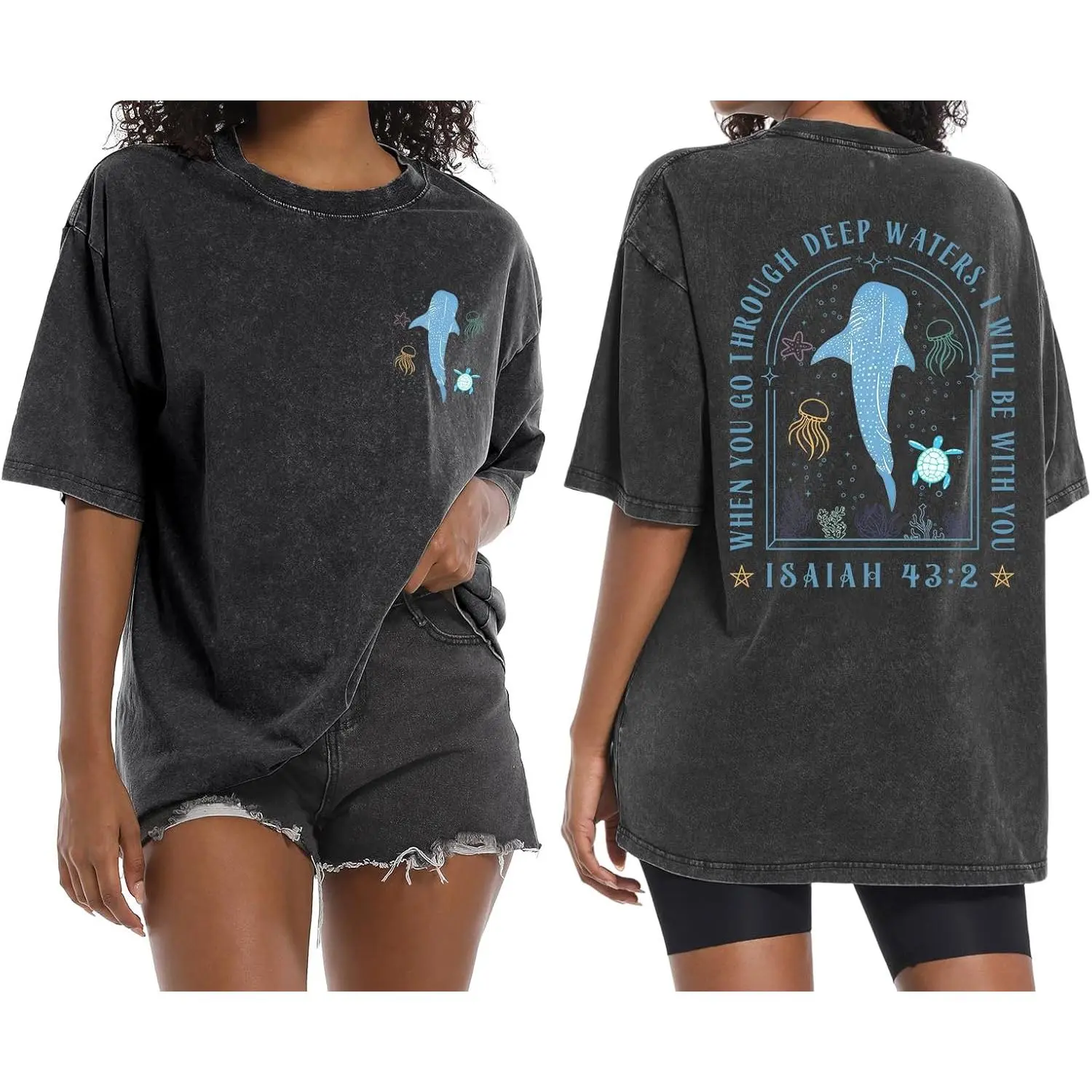 Christian Oversized Shirt for Women Whale Shark Jesus Faith Bible Verse Shirts Graphic Tees Acid Wash Tshirts