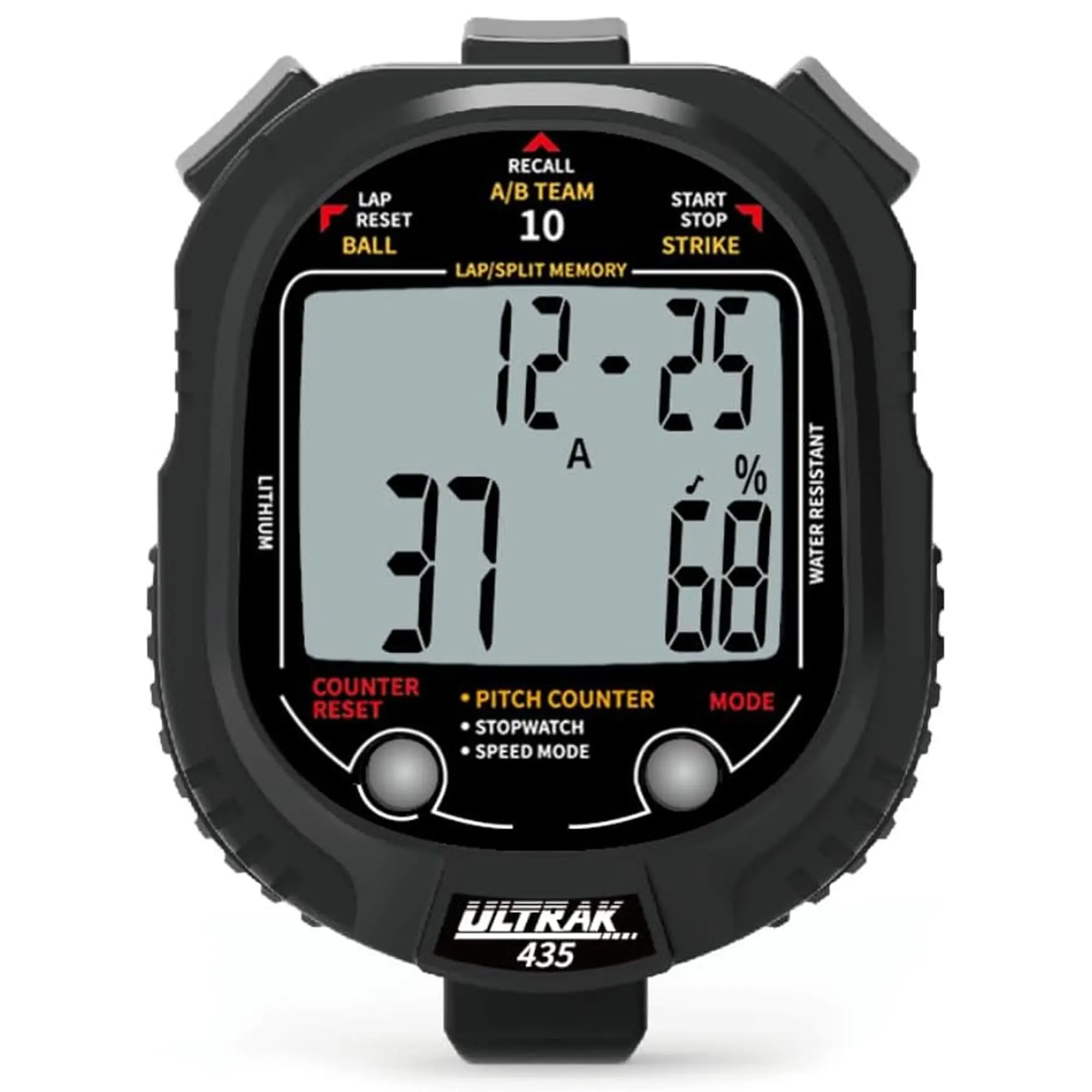 Ultrak 435 Digital Pitch Counter for Baseball Coaches, Black Stopwatch with 10 Memory Timer, Tracks Pitch Speed, Strike Percentage & Stats