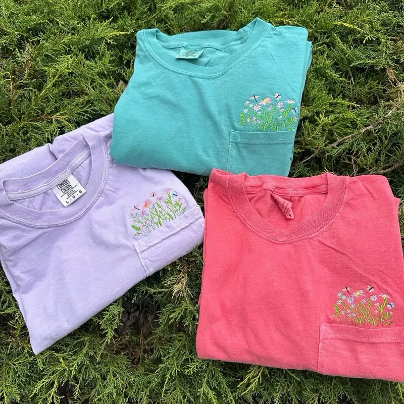 Embroidered Flower Pocket T-Shirt Comfort Colors Floral Gift Spring Wildflower Top Unisex