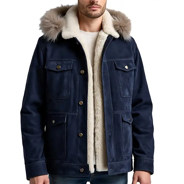 Navy Luxe Parka Jacket with High-Quality Fur Hood & Shearling Lining*
