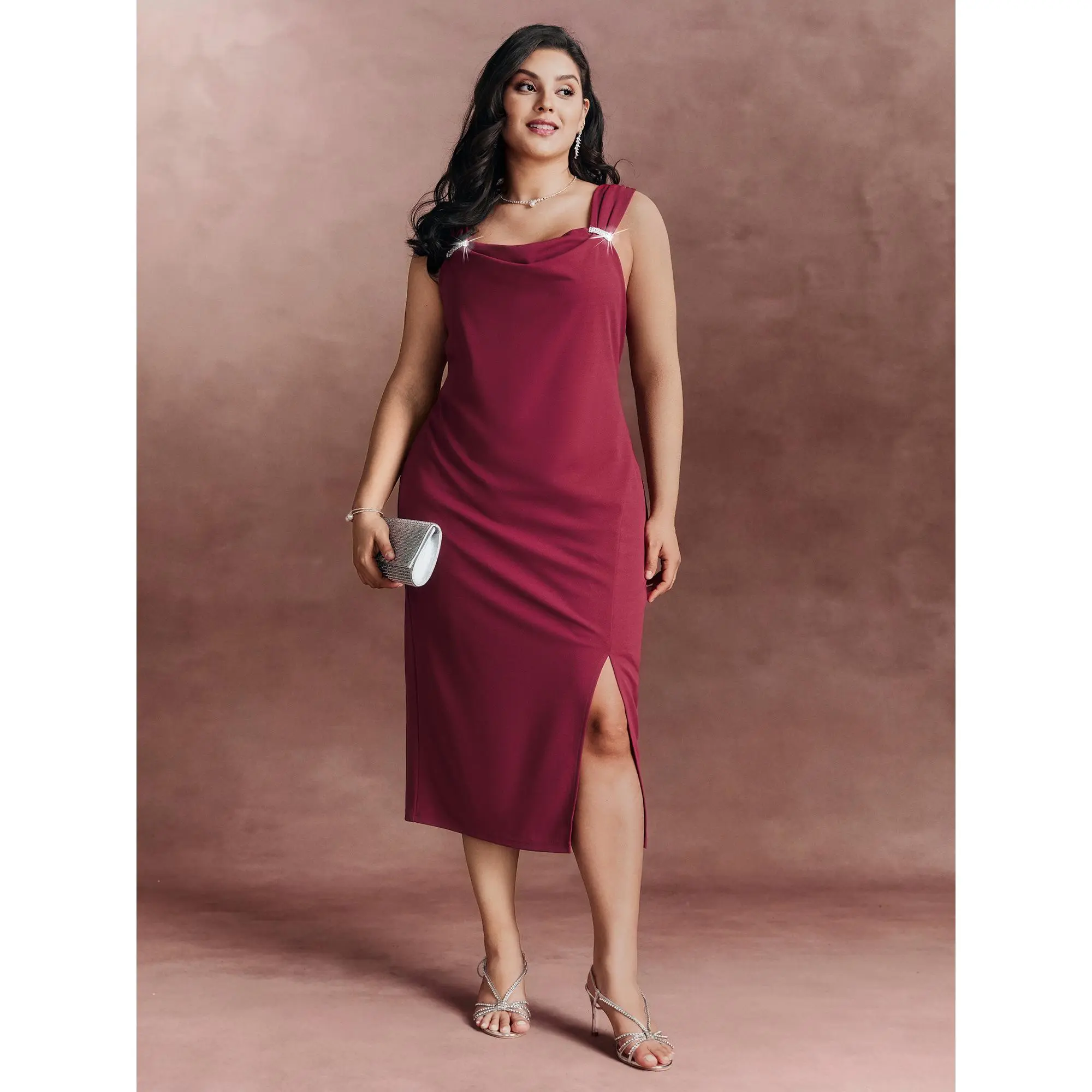 BLOOMCHIC Women's Comfy Breathable Casual Cowl Neck Sleeveless Wide-Straps Metallic Detail Spandex Bodycon Midi Dress [M-6X] - 2026 Summer Swimweek Vibes, Everyday Simple Casual Wear for Curvy Plus Size,Summerfinds