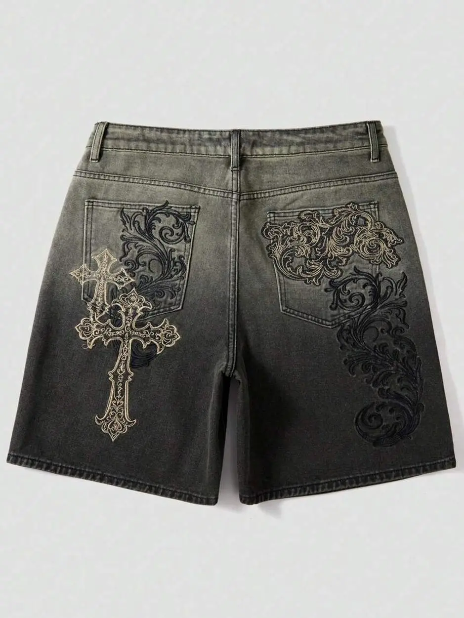 Men shorts - Men’s Embroidered Cross Denim Shorts, Gradient Washed Hip Hop Jean Shorts, Summer Streetwear summer clothing trending clothing trending clothes male clothing summer clothes shorts for the summer summer men clothes streetwear clothing