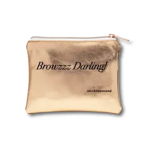 Niccktownsend Browzzz Darling Makeup Bag Gold Leatherette Pouch with Zipper Closure 11 Inches Wide for Cosmetics and Essentials