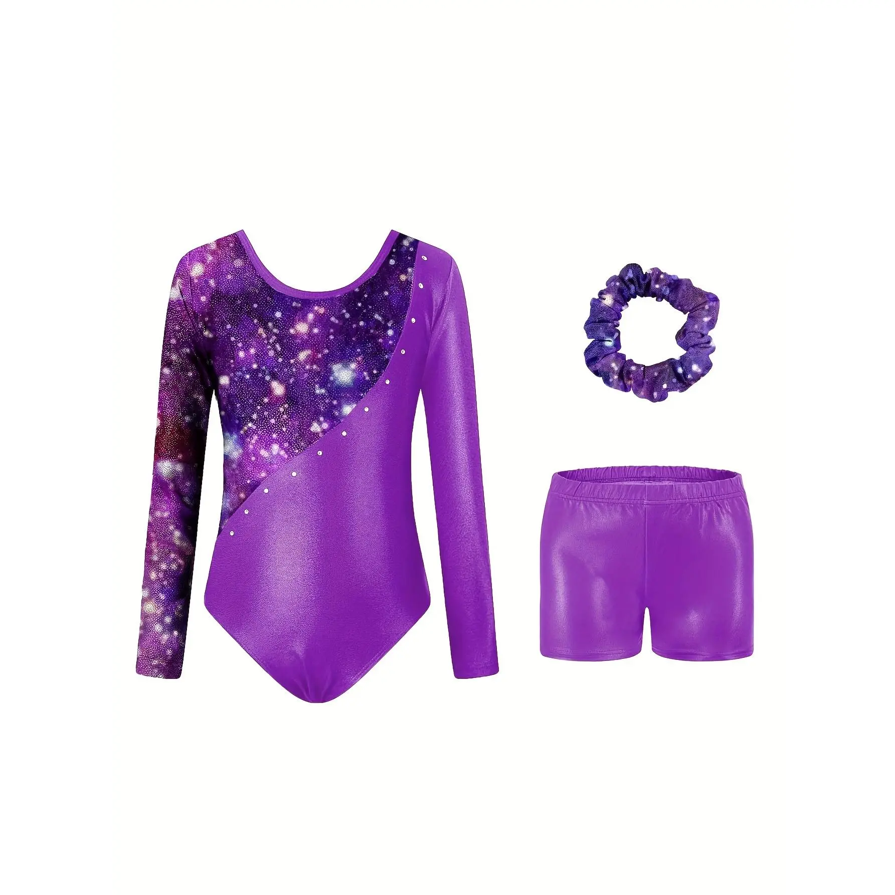 Girls Star Print Hot Drill Long Sleeve Gymnastics Leotard Shorts Hair Tie Set Ballet Dance Outdoor