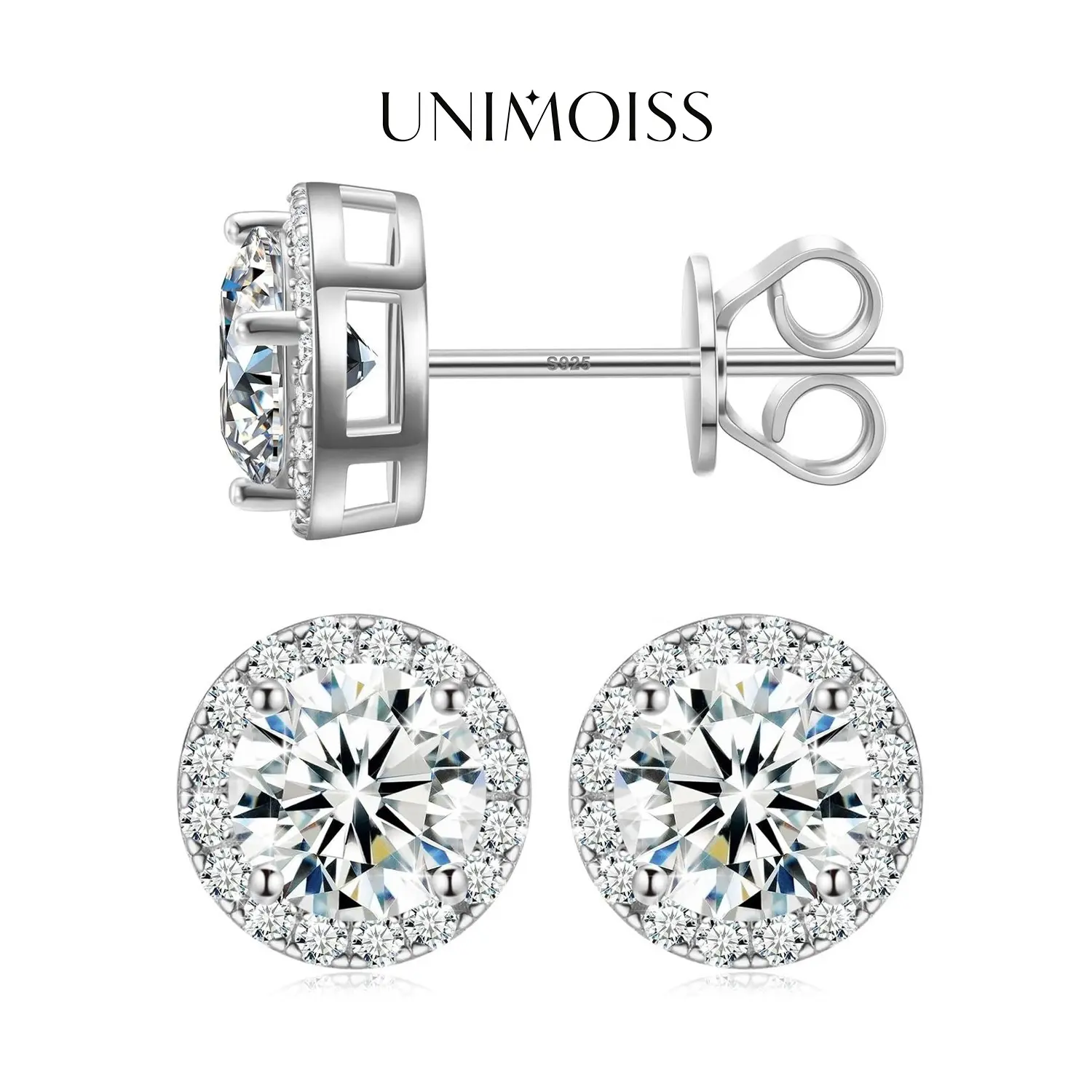 Women's UniMoiss Halo VVS Artificial Moissanite Stud Earrings - Brilliant Unique Moissanite Earrings, Daily Costume Jewelry Accessories, Ideal Birthday Gift for Women, Brilliant Stud Earrings