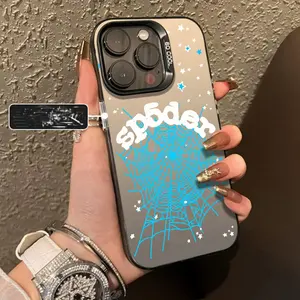 Color Silver Protective Phone Case with Blue Spider Web Pattern, Simple Fashion Design for iPhone 15 Pro Max, Air Cushion Anti-Drop Protection