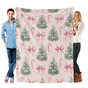 Vintage Christmas Tree Print Bow Candy Cane Flannel Throw Blanket  Polyester BlanketS for All-Season Cozy Gift  Soft Warm Comfortable