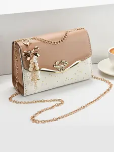 Women PU Colorblock Chain Crossbody Shoulder Bag, Elegant Design Pearl Pendant Butterfly Charm, All-Season Fashion Accessory