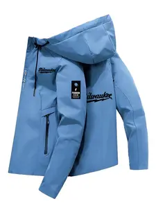 Men's Full-Zip Hooded Sweatshirt, Milwaukee Print, Windproof Warmth, Drop Shoulder Short Style, High Weight Fleece, S-Xxxl, Outerwear