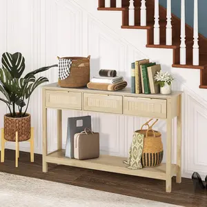 Rattan Entryway Table,Boho Rattan Console Table - Narrow Entryway Design with 3 Drawers Modern Narrow Table| TikTok Popular!Rattan Shelf for Hallway & Living Room Modern Narrow Table| Extra Storage! Furniture
