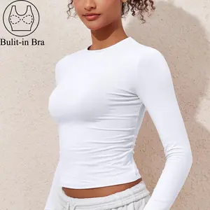 Crew Neck Long Sleeve Cropped Top with Built - in Bra | Slim Fit & Comfy ZB-068