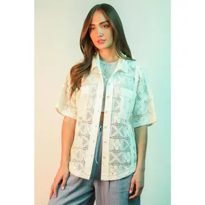 VERY J Plus Size Oversized Crochet Button Down Shirt Top