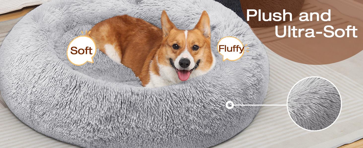 JOLLYVOGUE Small Dog Bed, Calming Soft Anti-Anxiety Donut Cat Bed, Washable Round Fluffy Cushion for Small and Medium Pets (20")
