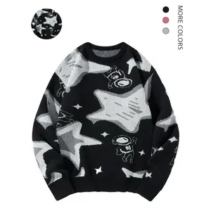 Men's Cartoon Astronaut & Star Print Round Neck Sweater, Regular Fit Casual Long Sleeve Crew Neck Jumper for Fall & Winter, Fashion Men's Knitwear for Daily Wear, Winter Warm Pullover