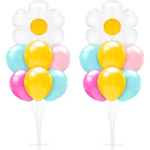 Seematn 2 Set Daisy Balloon Stand Kits Pastel Pink Green Yellow Balloons Sticks Holder with Base, Groovy Birthday Party Table Centerpiece Kit for Boho Baby Shower Flower Party Decorations