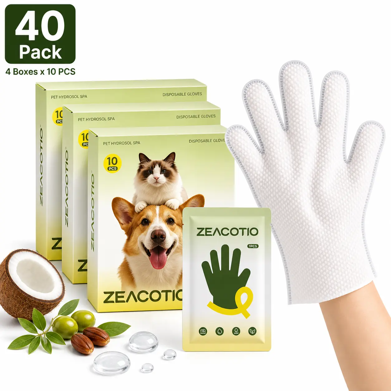 ZeaCotio 40PCS Pet Grooming Glove Cleaning Wipes, Vet-Recommended Hypoallergenic for Dogs & Cats - Dander & Oil Lift, Odor Removal, Hydrating Fur Care, 6PCS Unscented Option