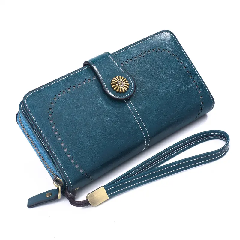 Retro-Inspired Oil Wax Leather Women's Long Wallet with Hollowed-Out Buckle - Luxury Credit Card Clutch Purse in Teal Blue