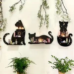 Black Cat Wall Shelf - Decorative Crystal Wall Rack for Living Room, Bedroom, Plants, Valentine's Day, Easter Party Decor Hanging Wooden