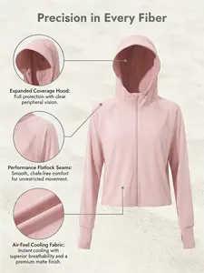 TCVC Women's Cropped Sun Protection Jacket, Lightweight Full Zip Up Hoodie with Thumb Holes, UPF 50+ Cooling Breathable Hiking Running Outdoor Shirt