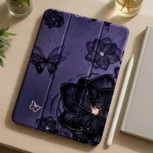 Dark purple butterfly floral pattern, with adjustable stand and pencil holder , foldable non-slip TPU protective case, suitable for Samsung, iPad mini, iPad Air, iPad Pro/iPad 10th generation, 11th generation and other iPad series protective cases.