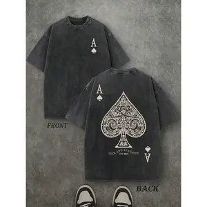 Retro Washed T-Shirt Double Sided Printed (230 Pure Cotton) 'LUCK AND STRENGTH' Letter & Ace Of Spades Print, Men's Casual Tee, Comfortable Stylish Street Style Cotton T-Shirt