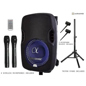 Alphasonik 10" Portable Rechargeable Battery Powered 1000W PRO DJ Amplified Loud Speaker with 2 Wireless Microphones Echo Bluetooth USB SD Card AUX MP3 FM Radio PA System LED Ring Karaoke Tripod Stand