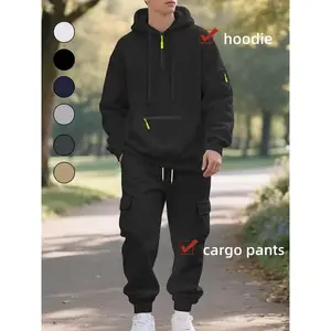 fall outfits Autumn and winter trendy men's hooded sweatshirt and pants set, Streetwear Tracksuit Set, with contrasting color zippers and multi-pocket design for cargo pants. It is suitable for both daily leisure and outdoor sports. Essential for men.