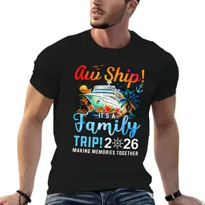 Aw Ship It's a Family Trip 2026 Cruise Vacation Graphic T-Shirt Fitted Short Sleeve Crew Neck Casual Summer Tee