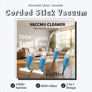 500W Corded Stick Vacuum Cleaner Gift 9 Accessories, 15KPa Powerful Suction 2-in-1 Lightweight Handheld Vacuum with HEPA Filter, Quiet Portable Dust Buster for Hard Floor, Carpet, Pet Hair, Sofa & Dorm, Blue