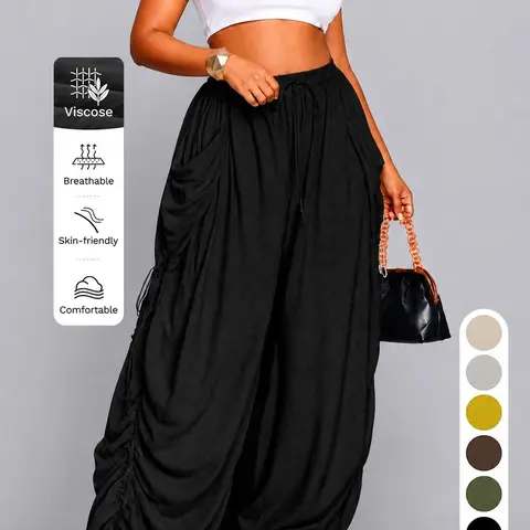 Women's Plus Size High Waisted Wide Leg Linen Pants - Adjustable Drawstring, Comfortable Woven Fabric, Lightweight Loose Fit, Casual, Wide-Leg Flow, Chic Ease, All Seasons, 2XL-3XL Curvy Womenswear Bottoms