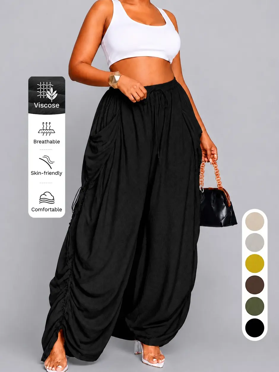 Women's Plus Size High Waisted Wide Leg Linen Pants - Comfortable Woven Fabric, Adjustable Drawstring, Lightweight Loose Fit, Everyday Wear - Plus Size Fashion, Women's Clothing, Curvy Clothing