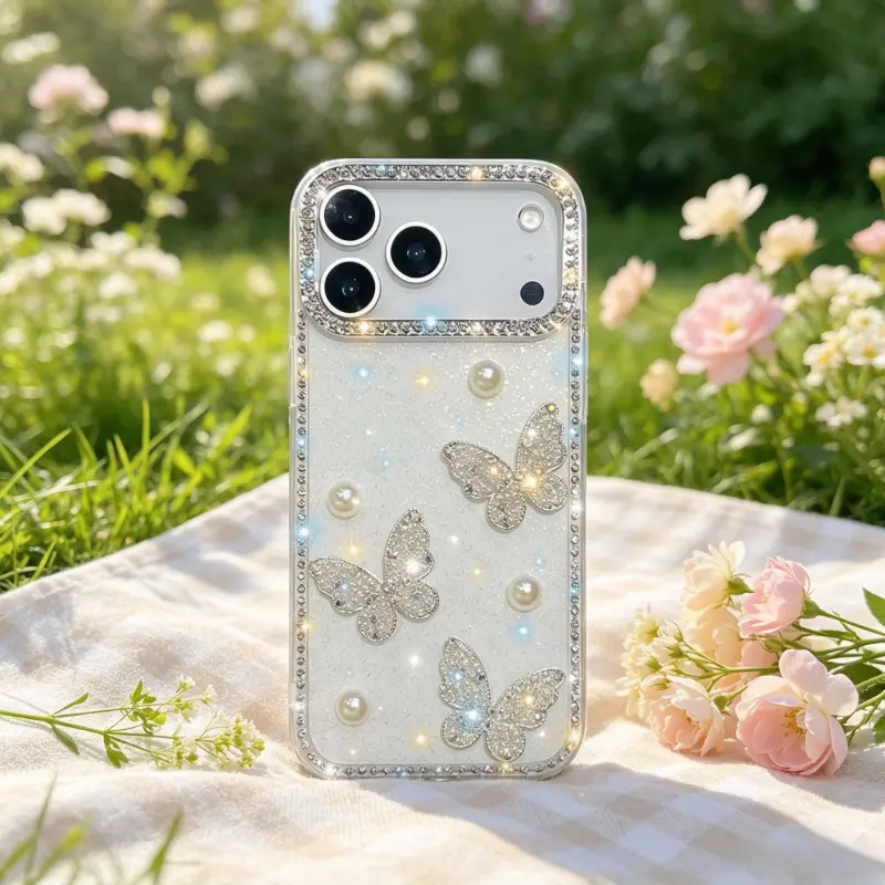 Women's Aesthetic Glitter-Pearl Butterfly Mobile Phone Case - Protective Accessories for iPhone 17 Pro Max, 16, 15, 14, 13